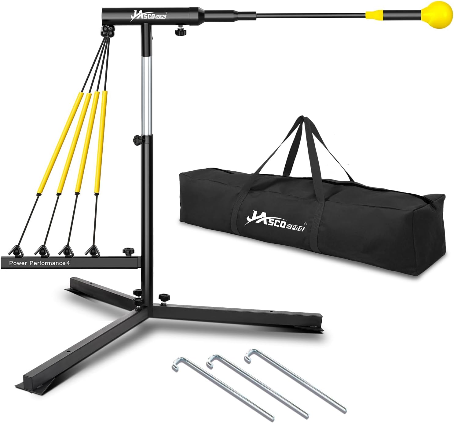Baseball Hitting Trainer with 4 Power Bands,Auto Reset Softball Swing Trainer For Batting,Hitting Practice,Height Adjustable 31-47 inch Baseball Training Equipment With Metal Stakes & Carry Bag