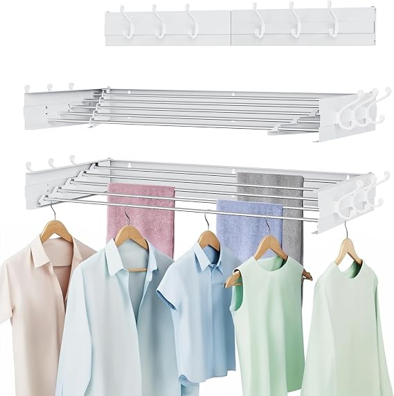 Laundry Drying Rack, Collapsible Wall Mounted Clothes Drying Rack - Drying Rack Clothing Foldable,Space Saving 31.5" Wide, 13.2 Linear Ft, 5 Aluminum Rods, 60 lb Capacity