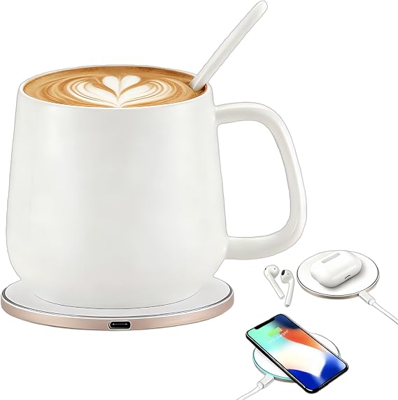 Smart Temperature Control Mug, 13 Oz Premium Ceramic Coffee Cup with 15W Wireless Charger, Charges Phones, Ceramic White
