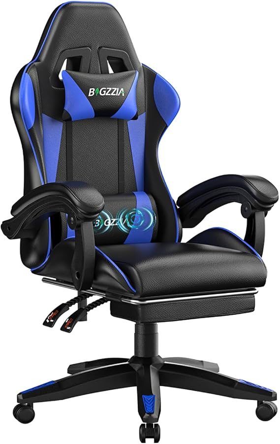 Bigzzia Gaming Chair with Massage Function Ergonomic Gaming Chair Blue Gaming Chair with Footrest Adjustable Backrest 90-135° PC Chair Massage Lumbar Cushion for Adults Girls and Boys