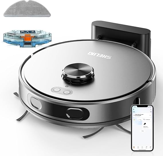 SHELIKI Robot Vacuum and Mop, Mapping Robotic Vacuums Cleaner with 360 LiDAR Navigation Smart & Strong Suction, Wood/Hard Floors