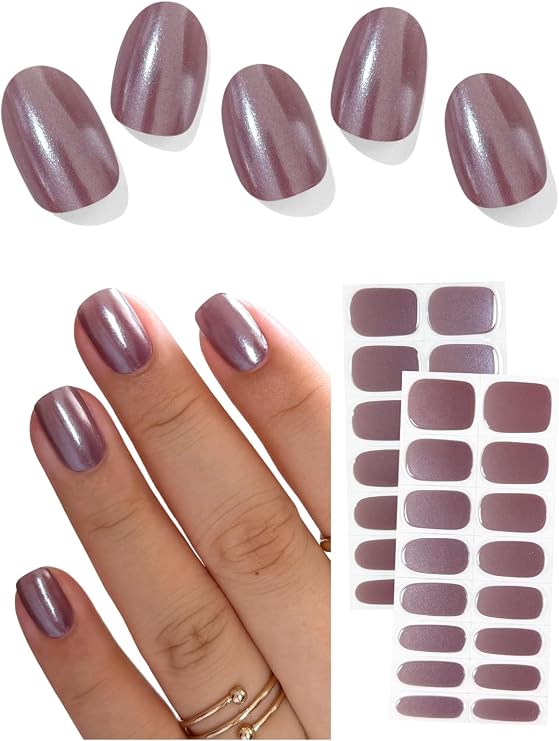 AutyaMee Semi Cured Gel Nail Strips (Chrome Gray Purple), Pearl Glazed, 30 Pcs Gel Nail Wraps, Stickers, Long Lasting, Works With Any UV Lamps