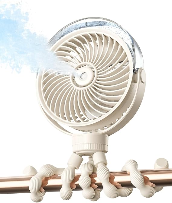 SWEETFULL Misting Stroller Fan Portable Baby Fan with Spray Cooling, 4 Speeds, Quiet Rechargeable Fans for Travel, Outdoor, Golf Cart, Car Seat, Beach (Beige)
