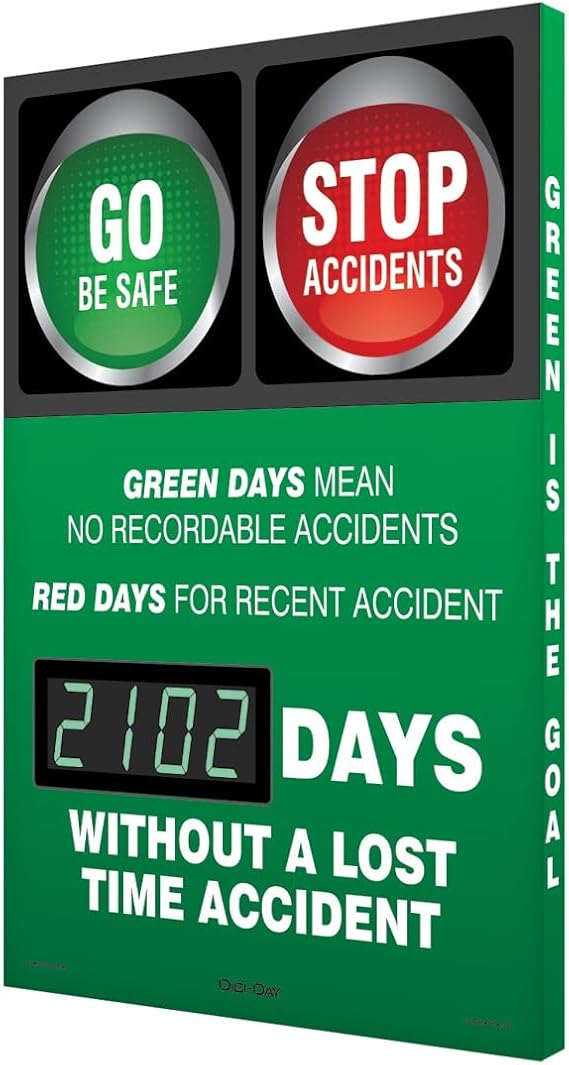Accuform SCK102 Aluminum Digi-Day2 Electronic Safety Scoreboard,#34;GO BE SAFE/STOP ACCIDENTS - #### DAYS WITHOUT A LOST TIME ACCIDENT"
