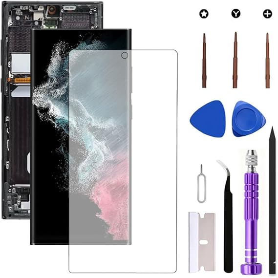 OLED for Samsung Galaxy S22 Ultra 5G LCD Screen Replacement Galaxy S22Ultra SM-S908U SM-S908U1 Display Screen Touch Digitizer Assembly Supports Fingerprint (with Black Frame+Soft Film+Tools)