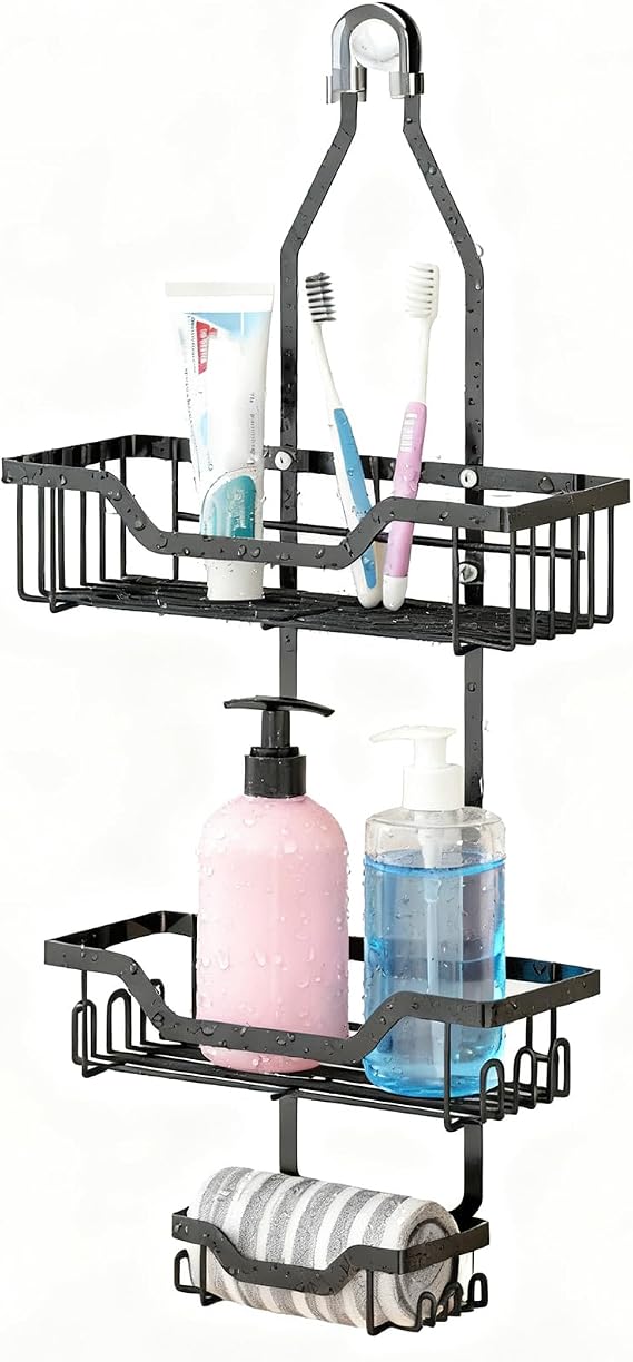 Shower Caddy Hanging, No Drilling 2-Tier Shower Storage, Over Door Rack Holders, Black Shower Caddy for Bathroom Organizer, 30 x 12.5 x 67 cm