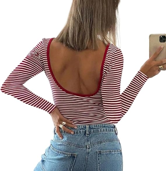 POHADON Women Sexy Backless Long Sleeve Striped Shirt Y2K Clothes Slim Fit Open Back Going Out Tees Trendy Crop Tops
