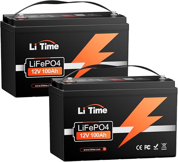 LiTime LiFePO4 12V 100Ah Lithium Battery for Motorhomes, 4000-15000 Deep Cycles, 1280Wh Energy, 2 Pieces Maintenance Free for Caravan, RVs, Solar System, Vans, Boats, Fishing