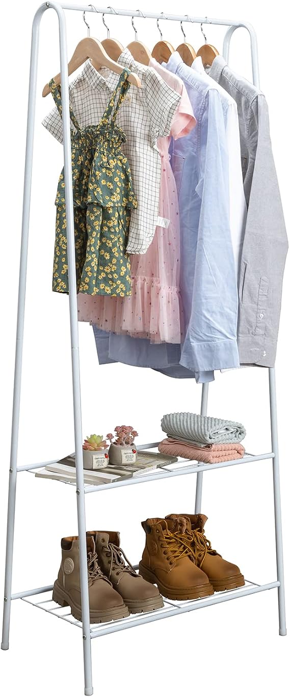 FozsKeylf Compact Clothes Rack, 2-Tier Durable Shelf for Shoes Clothes Storage, Garment Rack with Shoes Organizer, White