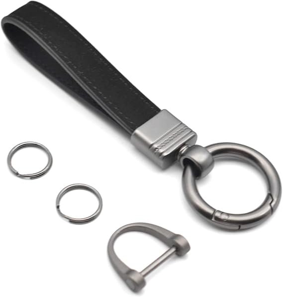 Car Fob Key Chain Genuine Leather Keychains Holder for Men and Women, 360 Degree Rotatable, with Anti-lost D-Ring, Circle Carabiner and Key Rings, Black