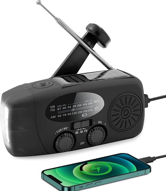 緊急気象ラジオ、ソーラーハンドクランクラジオAM/FM NOAA 2000mAh ブラック