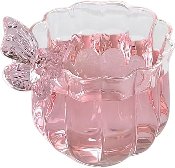 Tissting Butterfly Glass Tea Cup, Floral Design Elegant Clear Mug