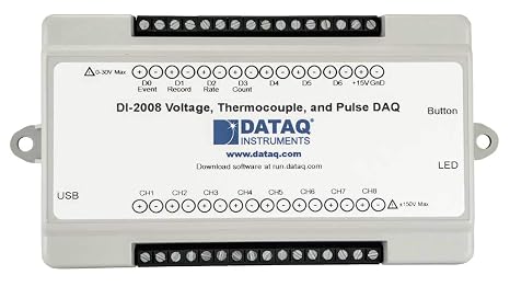 DATAQ DI-2008 Data Logger for Thermocouple, Pressure, Humidity and Voltage Measurement, 8 High Common Mode Isolated Analog Inputs, 50 V, 16-bit Resolution, 200Hz, 7 D I/O, ExcelLink Included