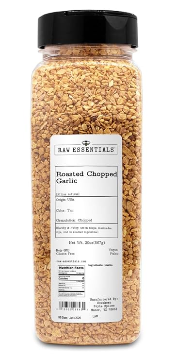 Raw Essentials Roasted Chopped Garlic, Large 20 Ounce Bottle | Earthy and Nutty Flavor, For Soups, Marinades, Dips, and Vegetables, Non-GMO, Gluten-Free, Vegan, Paleo