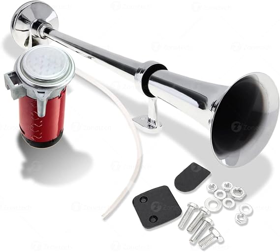 ZONETECH 12V Single Trumpet Air Horn - Premium Quality Silver Alarm Relay Included Chrome and Compressor Super Loud 150db for Truck, Train Lorry, Boat and SUV (1-Pack)