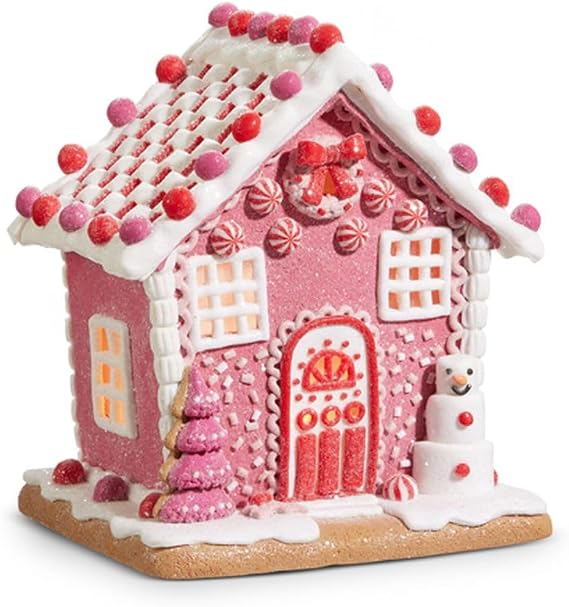 Raz Imports Lighted Gingerbread House, 8.5-inch Height, Pink, Clay Dough, Christmas, Home Decor