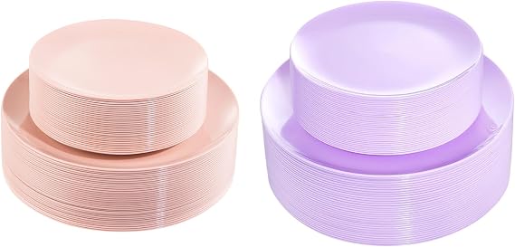 KIRE 30Pcs 10.25 Purple Dinner Plates and 30Pcs 7.5 Purple Dessert/Salad Plates for Graduation 30Pieces 10.25inch Pink Dinner Plates and 30Pieces 7.5inch Pink Dessert/Salad Plates& Easter