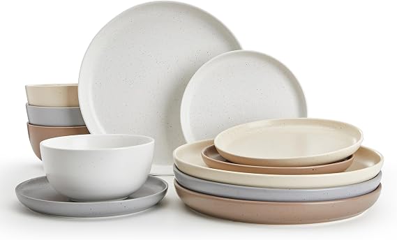 Sweese Dinnerware Sets Service for 4, 12 pcs Matte Speckled Glaze Plates and Bowls Sets, Handmade Ceramic Dish Set, Highly Chip and Crack Resistant Modern Plate Set, Multi-color