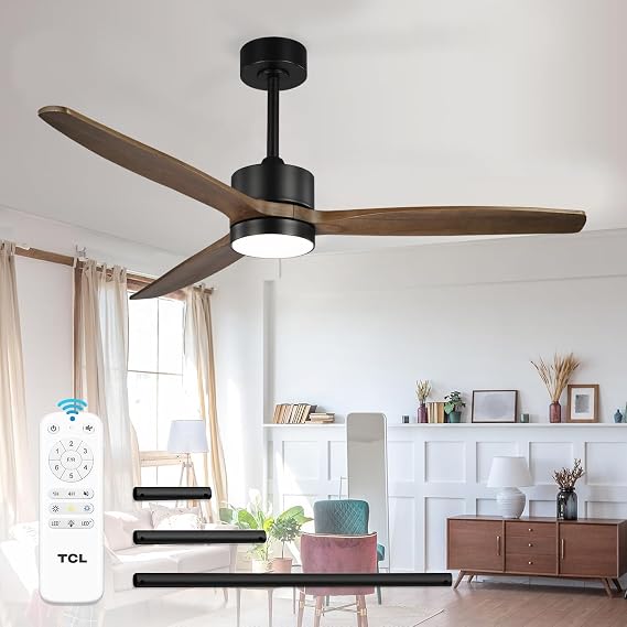 TCL 52" Brown Wood Drown Rod Ceiling Fan with Light & Remote | 3 wooden blades fan for modern farmhouse decor. Quiet 6-speed memory DC reversible motor & dimmable LED light.
