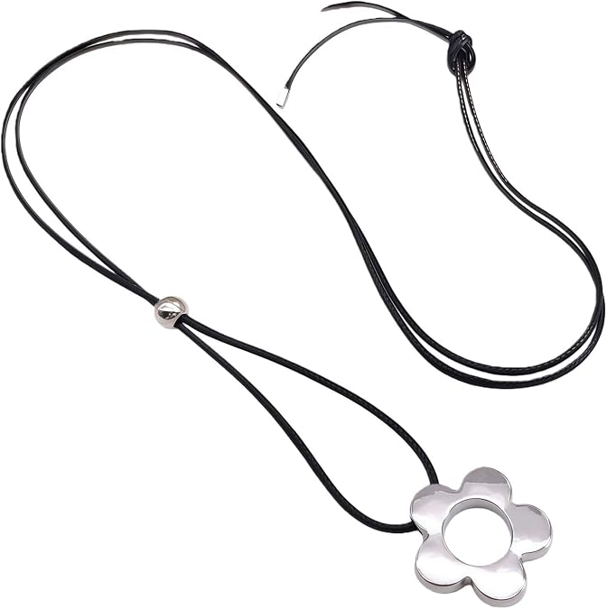 Minimalist Y2K Colorful Plum Blossom Acrylic Pendant Adjustable Leather Rope Necklace Lightweight Resin Flower Long Cute Sweater Choker Necklace Jewelry for Women