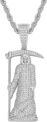 18K Gold Plated Iced Out CZ Skull Reaper Pendant Scythe Pendant Necklace with 24inch Stainless Steel Rope Chain