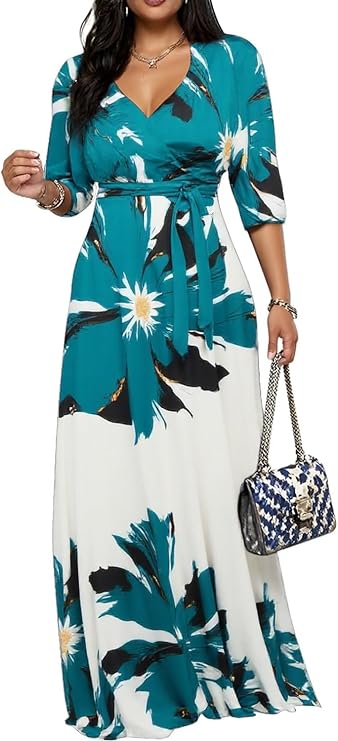 Women's Church Maxi Wrap V Neck 3/4 Sleeve Tie Waist Plus Size Long Dress