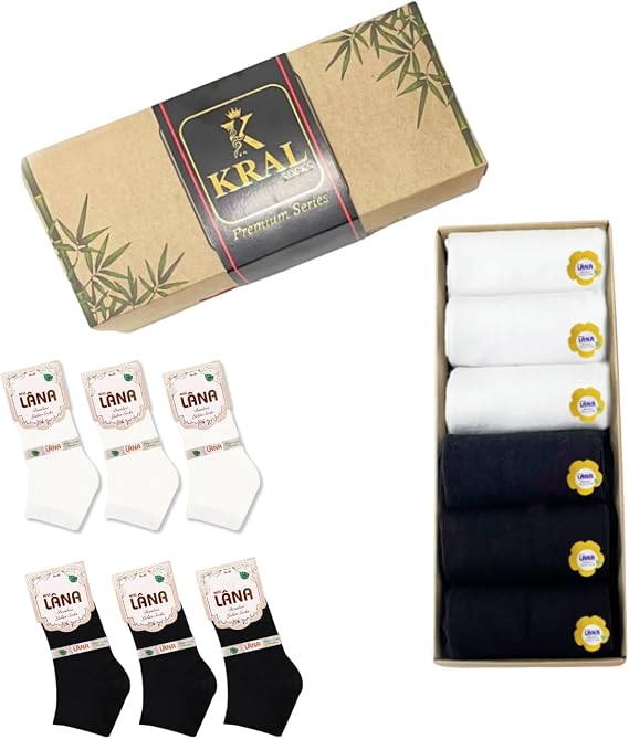 Kadın Bambu Patik Çorap – 6 Çift, Dikişsiz, Nefes Alır, Kaymaz Yapı – Hediye Kutulu Set (siyah-beyaz)