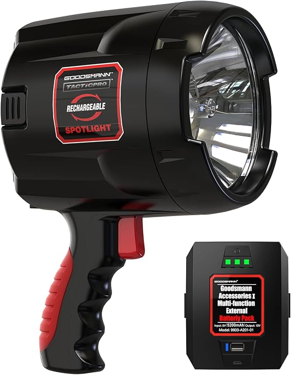 GOODSMANN Rechargeable Spotlight Handheld Halogen 1100 Lumens Spot Light with Portable Replaceable Battery 9924-0011-34