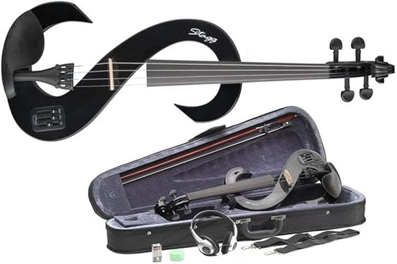 Stagg Full Size 4/4 Electric Silent Violin Set with Bow, Hard Case, Strap, Stereo Headphones and Rosin, Black, S Shape