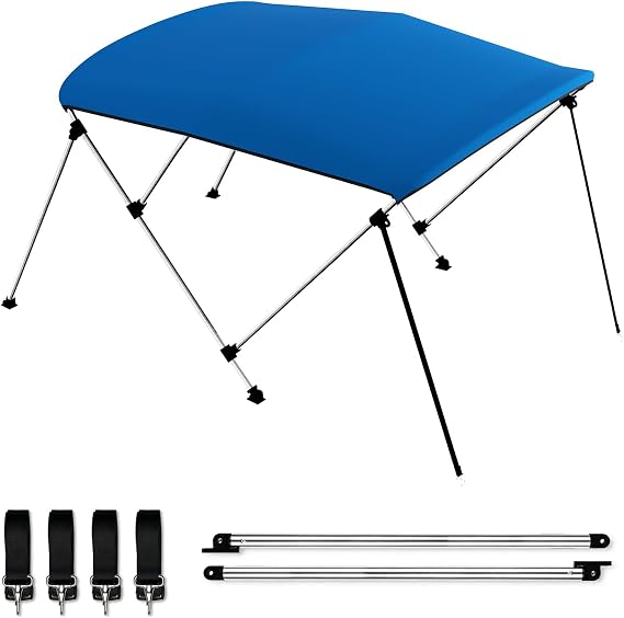 Bimini Boat Top Cover Sun Shade 3-4 Bow Boat Canopy Includes 4 Straps 2 Rear Support Poles Mounting Hardwares Storage Boot with 1" Aluminum Frame (Pacific Blue, 3 Bow 6'L x 46" H x 54"-60" W)