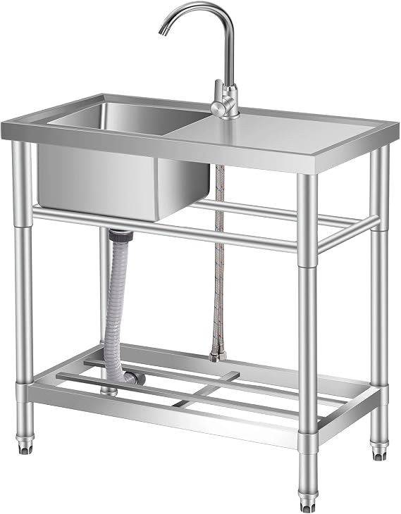 Stainless Steel Utility Sink, 30" x 16" x 30" Free Standing Single Bowl Sink with Faucet, Legs, Cold and Hot Water Pipe for Laundry, Kitchen, Garage, Outdoor, Garden, Heavy-Duty, Easy to Clean | with Faucet, Legs, Cold and Hot Water Pipe for Laundry, Kitchen, Garage, Outdoor, Garden, Heavy-Duty, Easy to Clean