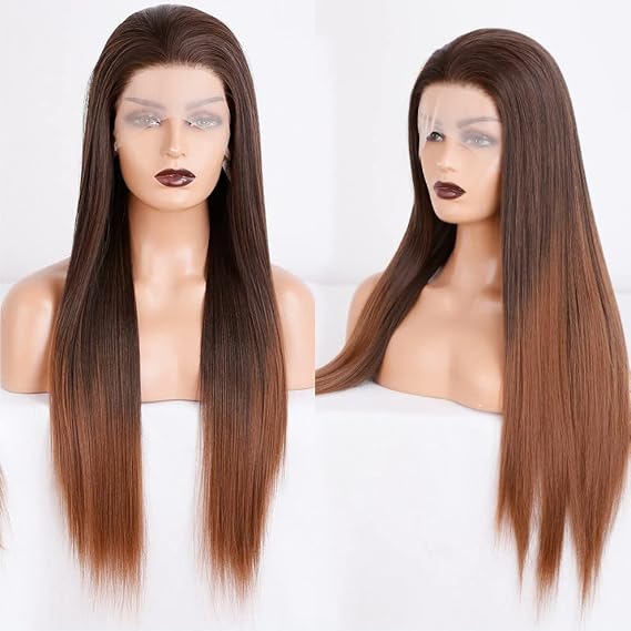 Ombre Brown Synthetic Lace Front Wig,Glueless Silky Long Straight Brown Wig For Women