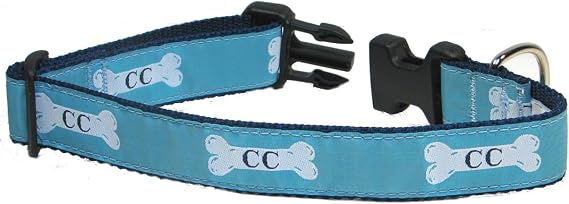 Preston "Teal Cape Cod Dog Bones" Dog Collar, MEDIUM and LARGE Dogs, 1 1/4 Inch Width (LARGE, 1 1/4 Inch Width)