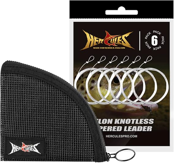 HERCULES Pre-Tied Loop Fly Fishing Leader 6 Pack with Tapered Leader Wallet