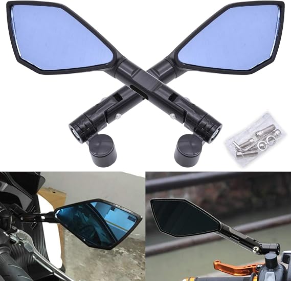 KATUR Motorcycle Handlebar End Mirrors Rear View Mirror Black Motorbike Anti Glare Bluish Hawk-Eye Mirrors 8MM 10MM Clockwise Threaded Bolts Mounts