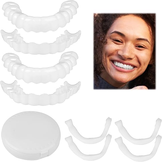 4PCS Fake Teeth Clip in Instant Veneers Dentures Veneers Teeth Top and Bottom Set, Missing Tooth Replacement Kit Confident Smile Comfortable Dentures for Men and Women