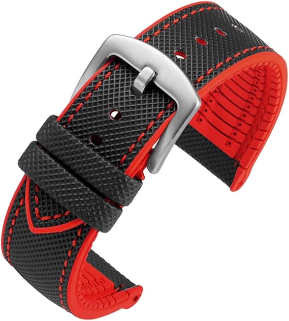 watchdives Nylon Rubber Bottom Watch Straps Canvas Men Watch Band Breathable Waterproof Replacement Bands 20mm 22mm (20mm, Black Red)