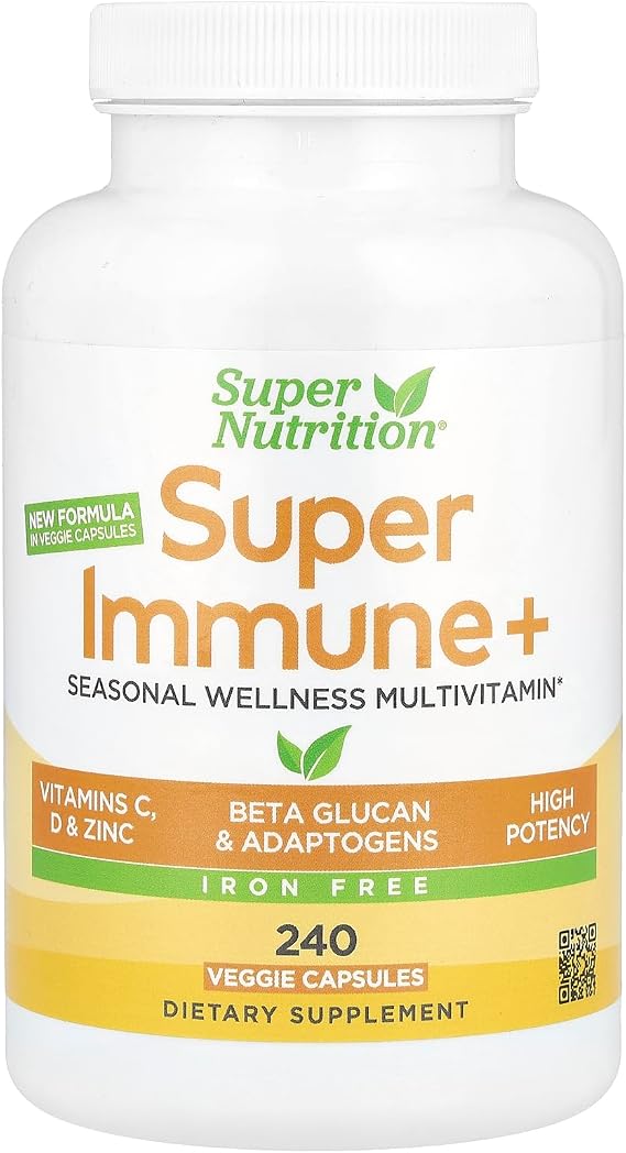 SuperNutrition Super Immune+ Multivitamin with Vitamin C, Vitamin D, and Beta Glucan, Iron Free, 240 Veggie Capsules