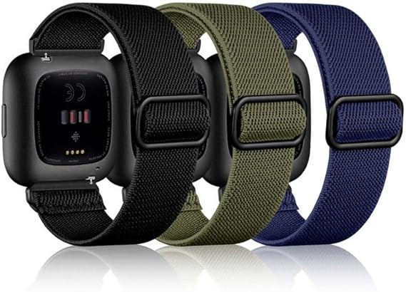 Maledan Stretchy Nylon Solo Loop Bands Compatible with Fitbit Versa 2 Bands for Men Women, Soft Nylon Weave Adjustable Sport Strap Wristbands for Fitbit Versa/Lite/Fitbit Versa 2, Black/Blue/Green