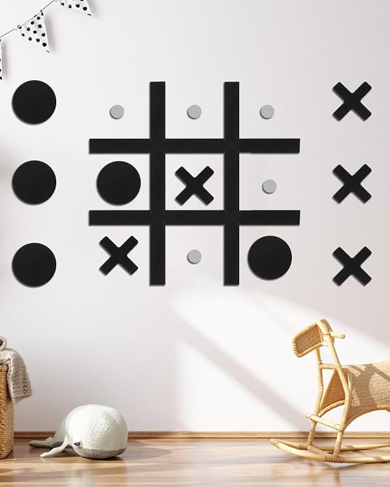 DTRK Magnetic Tic Tac Toe Wall-Mount Game,Game Room Decor,Hallway Decor,Playroom Decor,Modern Wall Decals for Kids Room,Classroom&Offices,Fun for Kids and Adults (Black, Simple Installation)