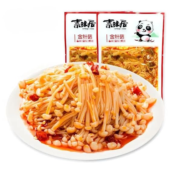 Instant Fresh spicy golden enoki mushroom 60g*3/6/9 bag, Spicy strips latiao, red oil enoki mushroom,pickles, Chinese snacks, side dishes, office casual snacks, Instant Dishes,vegetarian (2 bag)