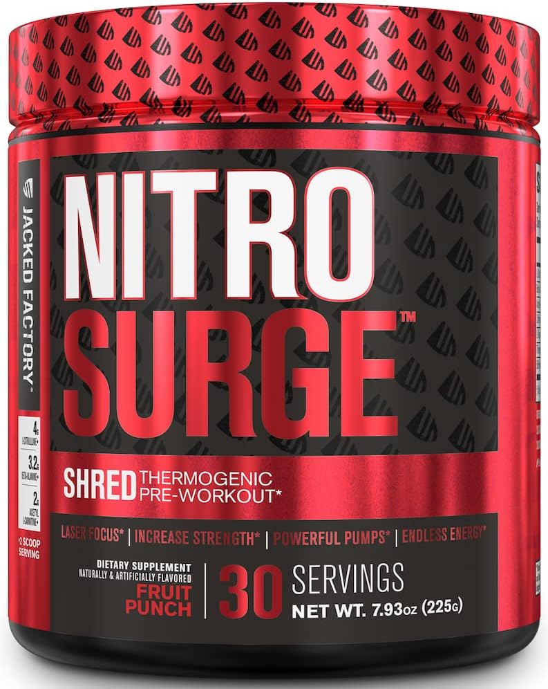 Jacked Factory NITROSURGE Shred Pre Workout Supplement - Energy Booster, Instant Strength Gains, Sharp Focus, Powerful Pumps - Nitric Oxide Booster & PreWorkout Powder - 30Sv, Fruit Punch
