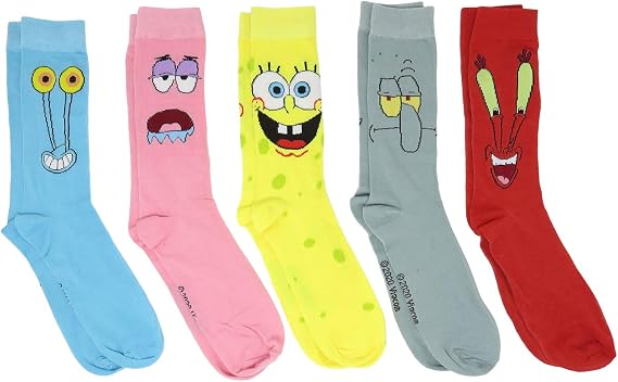 Hyp Spongebob Squarepants Characters Men's Crew Socks 5 Pair Pack