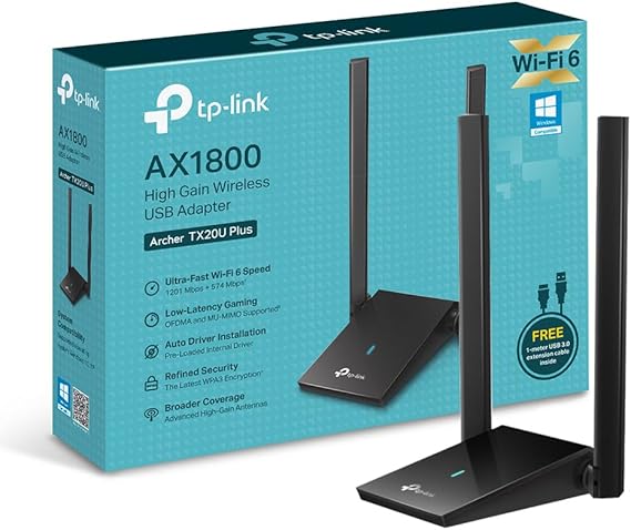 TP-Link Archer TX20U Plus, AX1800 Mbps Dual Antenna High Gain Wireless USB Adapter, 1 meter USB 3.0 cable, Beamforming, MU-MIMO, Low Latency Gaming Experience, WPA3, Easy Installation
