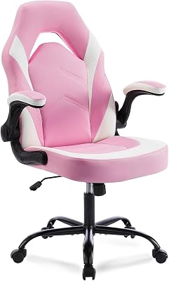 DUMOS Ergonomic Computer Gaming Chair - Home Office Desk with PU Leather Lumbar Support, Height Adjustable Big and Tall Video Game with Flip-up Armrest, Swivel Wheels for Adults, White and Pink