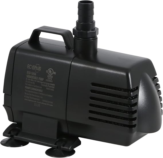 EcoPlus Eco 1056 Water Pump Fixed Flow Submersible Or Inline For Aquariums, Ponds, Fountains & Hydroponics - UL Listed, 1083 GPH, Black
