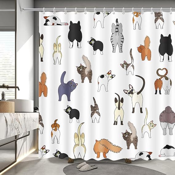 MEHOFOND Funny Cat Shower Curtain Cats Shower Curtain for Bathroom with Pets Paw for Cat Lovers Cute Cartoon Colorful Waterproof Fabric Bath Curtain with 12 Hooks 72x72 Inch
