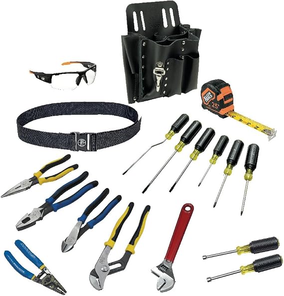 Klein Tools 80118 Electrician Tool Kit with Klein Hand Tools and Eye Protection,  in 10-Pocket Leather Pouch, 18-Piece