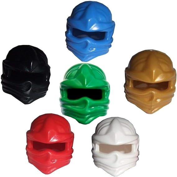 6 Lego Ninjago Minifigure Hoods / Ninja Head Wrap Masks - Gold And Green For Lloyd Garmadon, Red Kai, Blue Jay, White Zane And Cole Black