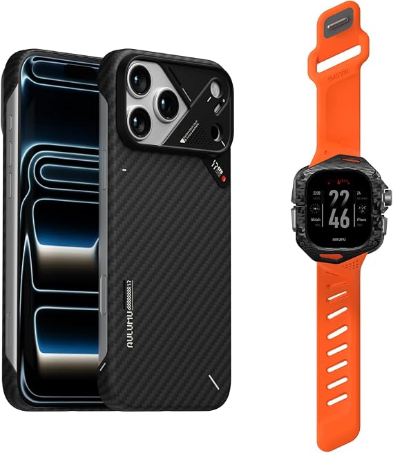 Aulumu A17 Aramid Fiber iPhone 17 Pro Max Case+A01 Carbon Fibre Case with Apple Watch Ultra Band 49MM,Includes (A17) Black + (A01) Orange